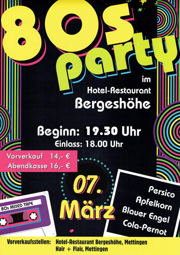 Let´s Dance 80er Jahre Party - Hotel Restaurant Bergeshöhe - Ihr ***Hotel in Mettingen im Tecklenburger Land. Hochwertige moderne Zimmer, großer Saal (klimatisiert) mit Bühne bis 190 Personen, Hochzeit, Kegelbahn und gut ausgestattete Tagungsräume sowie eine gutbürgerliche Küche. Let´s Dance - Hotel Restaurant Bergeshöhe - Ihr ***Hotel in Mettingen im Tecklenburger Land, Festsaal für Ihre Hochzeitsfeier, Geburtstagsfeier, Taufe, Beerdigung, Modenschau u.v.m