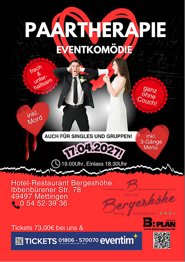 Relatietherapie - Hotel Restaurant Bergeshöhe - Ihr ***Hotel in Mettingen im Tecklenburger Land, Festsaal für Ihre Hochzeitsfeier, Geburtstagsfeier, Taufe, Beerdigung, Modenschau u.v.m